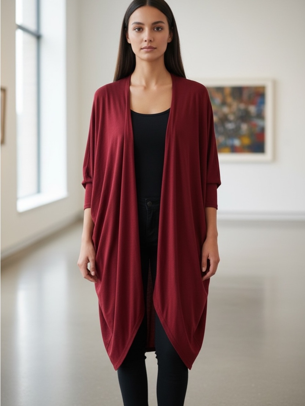Draped Open-Front Cardigan in Deep Burgundy